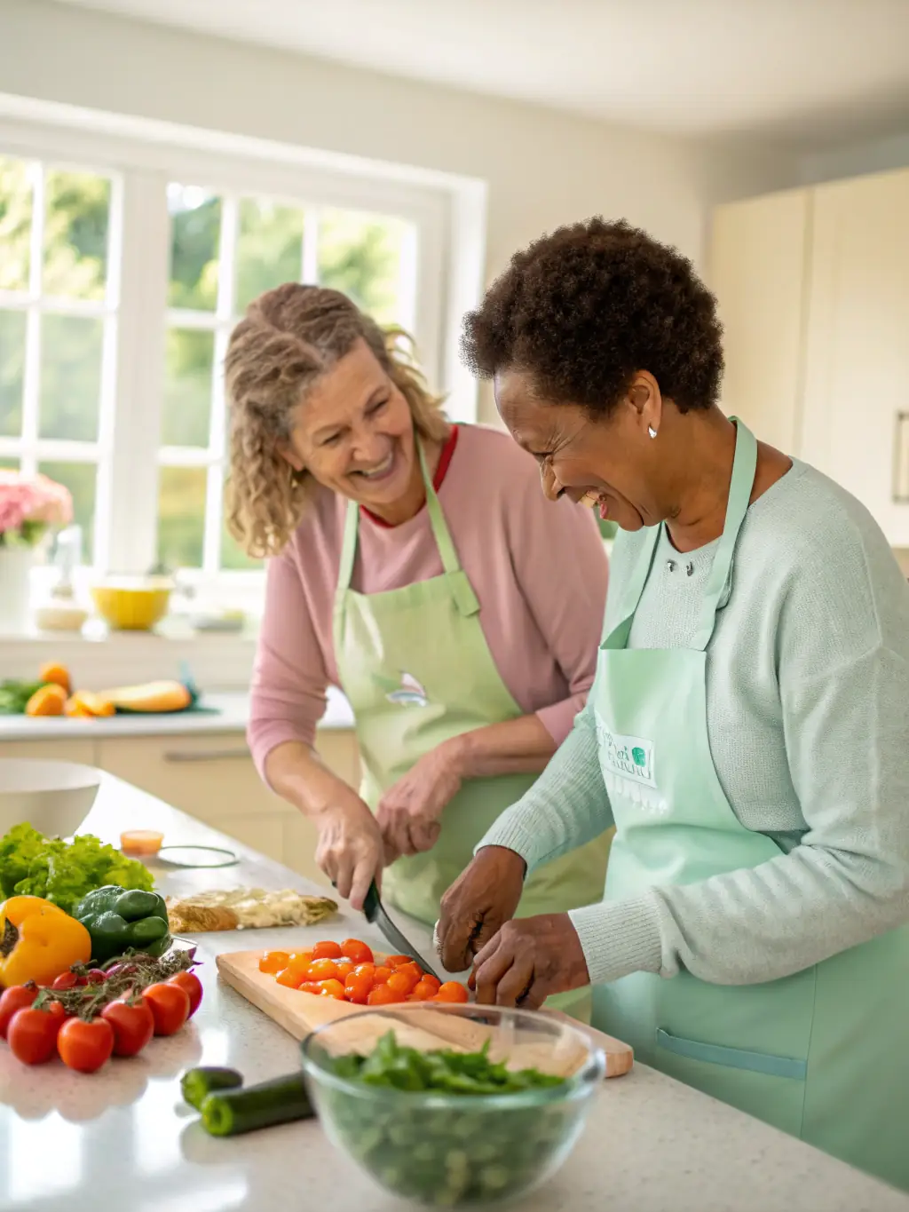 A friendly support worker assisting a client with meal preparation in a modern kitchen, emphasizing independence and skill-building.
