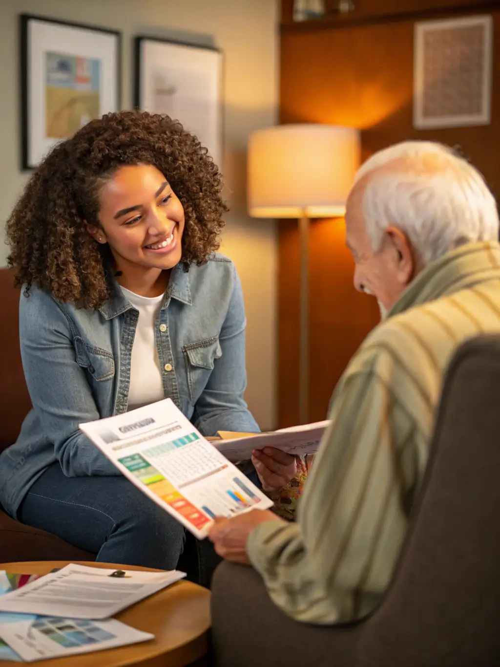 A support coordinator facilitating a meeting with a client and their family, discussing NDIS plan goals and support options.