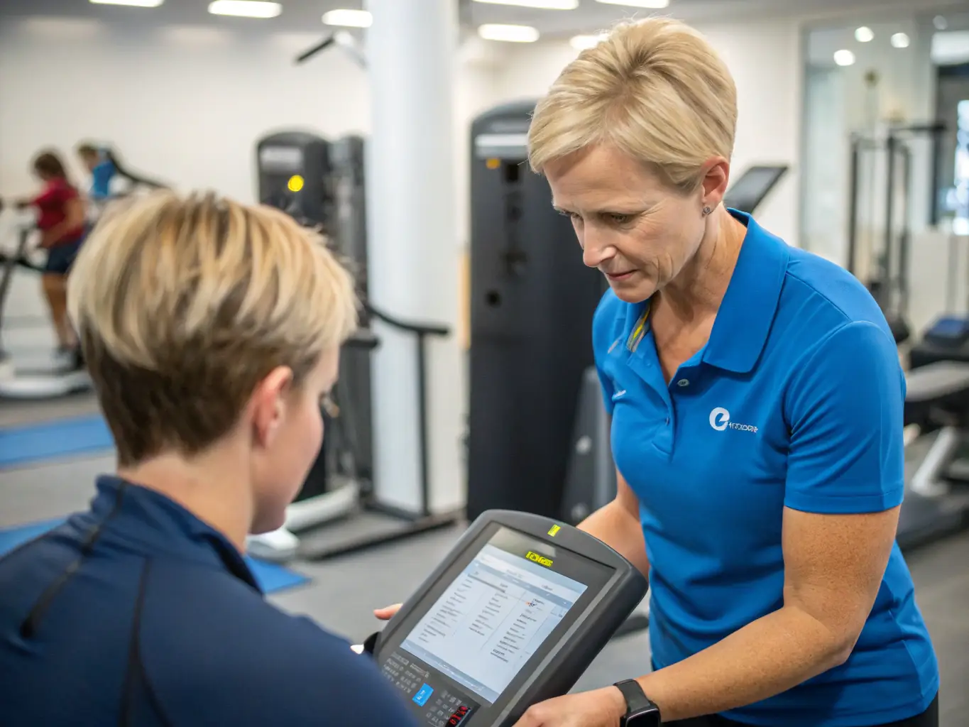 An exercise physiologist conducting a thorough assessment of a client's physical condition, using specialised equipment to measure strength, flexibility, and cardiovascular fitness.