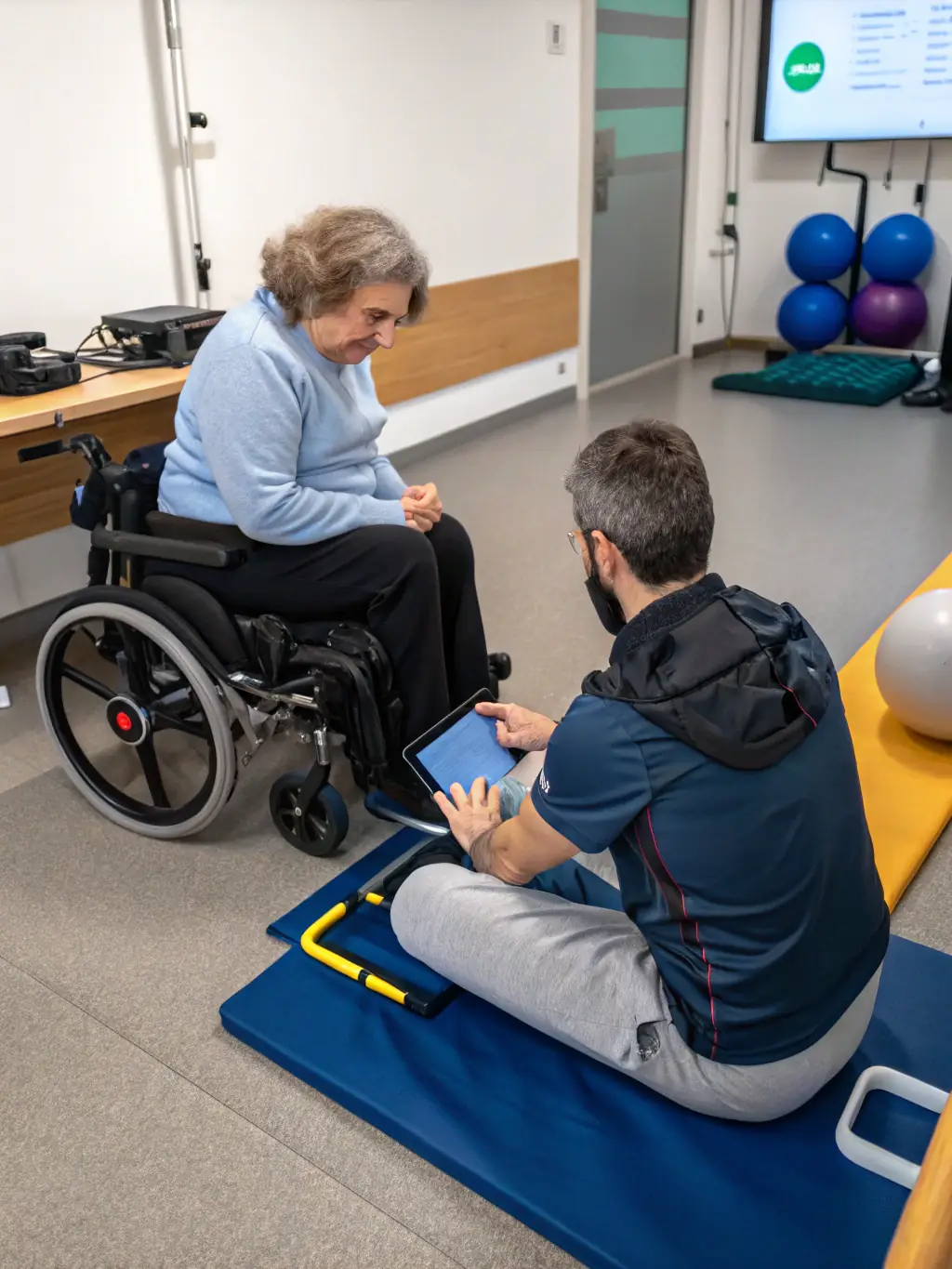 A therapy assistant is celebrating a small victory with a client, acknowledging their progress towards their therapy and independence goals.