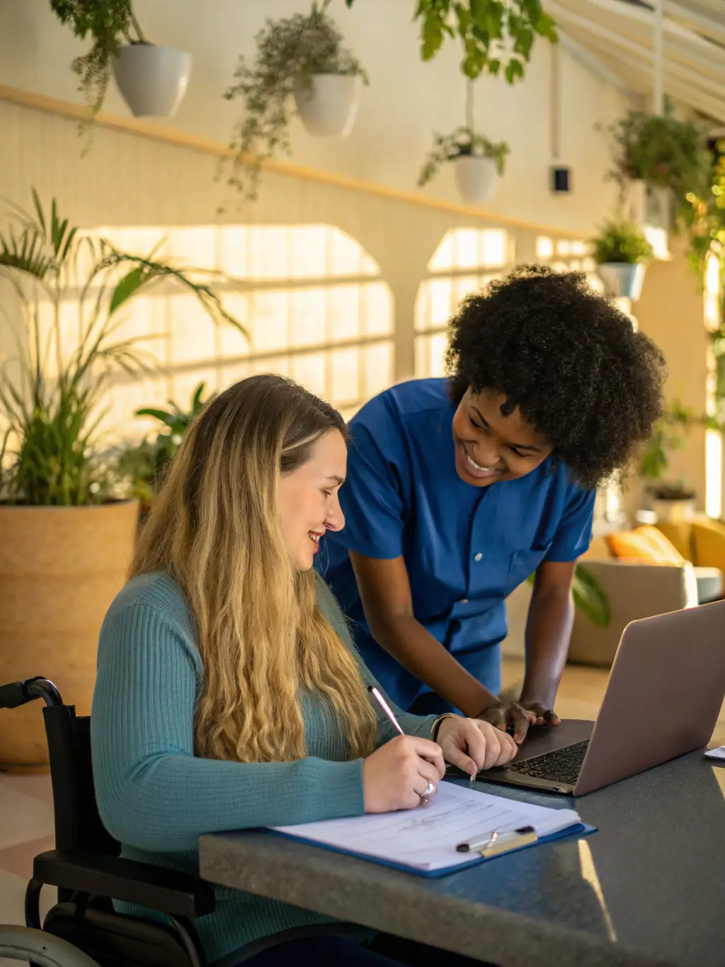 A friendly support worker assisting a participant with using a tablet, showcasing the initial contact and information gathering stage.