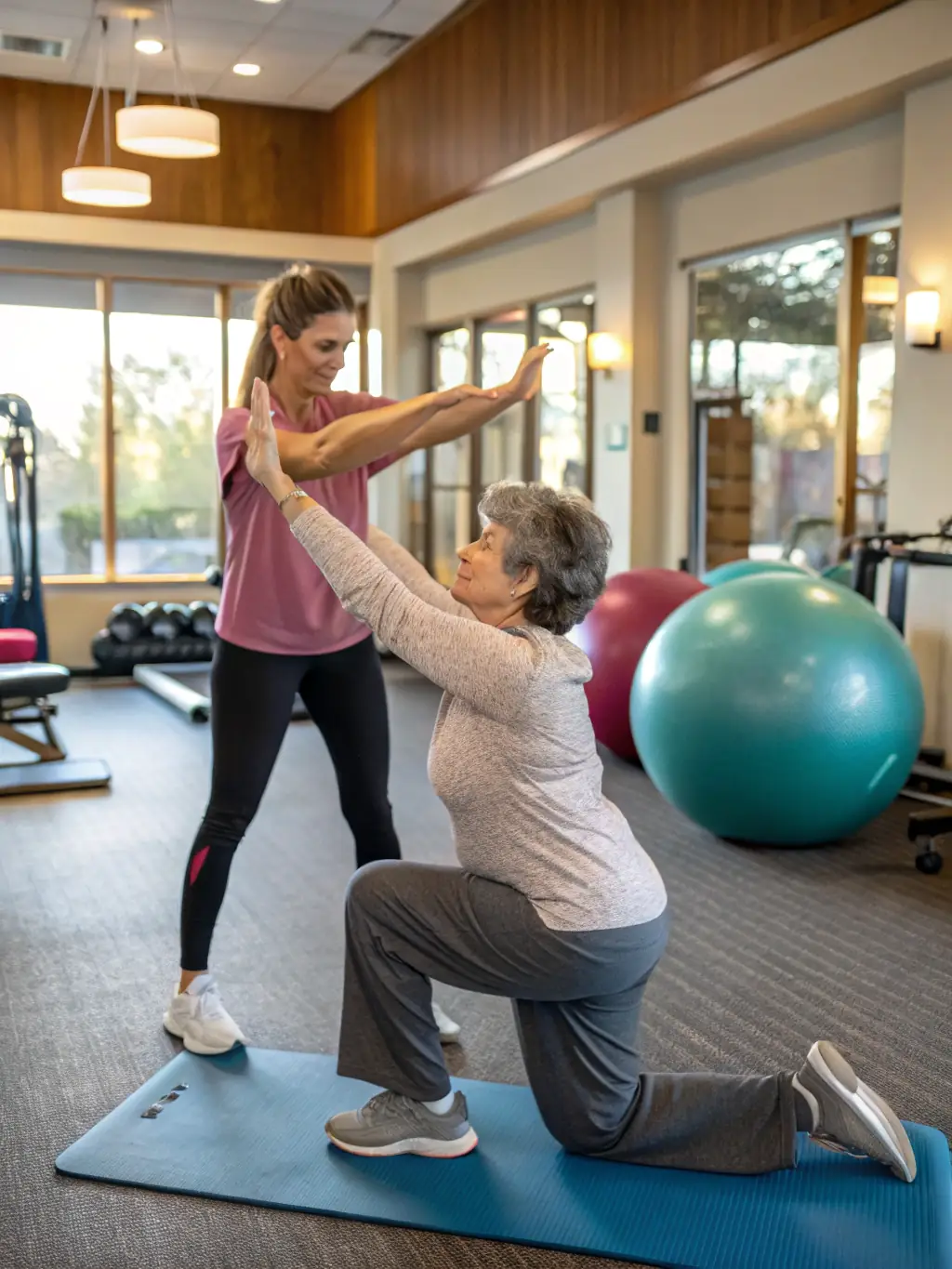 A therapy assistant is carefully guiding a client through a series of gentle stretching exercises in a well-lit clinic, ensuring proper form and providing encouragement.