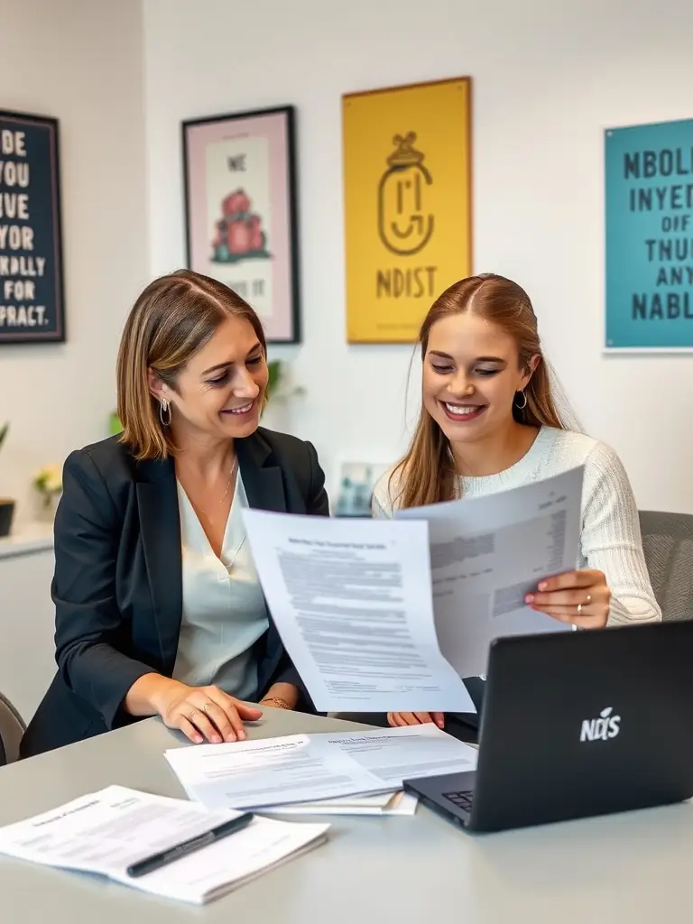 A support worker and participant reviewing a support plan together, highlighting the assessment and planning phase.